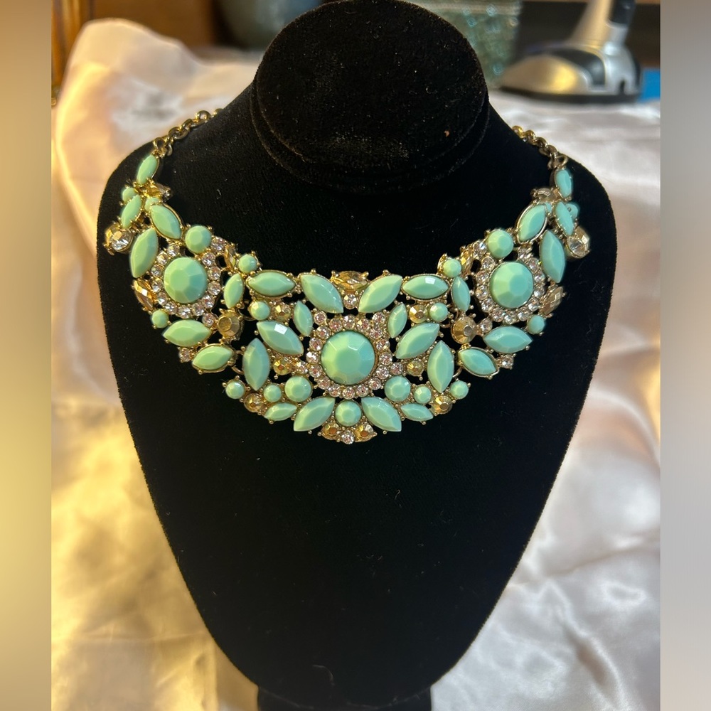 Beautiful statement necklace of faceted blue and white resin with rhinestones